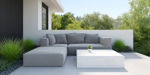 Gray outdoor sofa with cushions is placed on a terrace alongside a white table, surrounded by greenery. Modern outdoor relaxation space