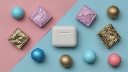 Wireless earbuds, gifts, pastel background, holiday sale