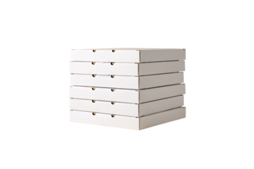 Tall stack of closed white pizza delivery boxes with ventilation holes, neat pile arrangement, isolated on a transparent background