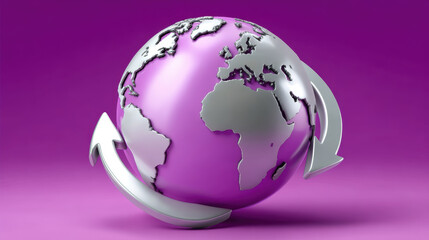 Metallic globe with arrows encircling it on purple background symbolizes global connectivity and movement