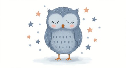 Dreamy owl surrounded by whimsical stars, perfect for children's room decor or a gentle, celestial-themed illustration.