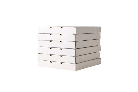 Tall stack of closed white pizza delivery boxes with ventilation holes, neat pile arrangement, isolated on a transparent background - Powered by Adobe