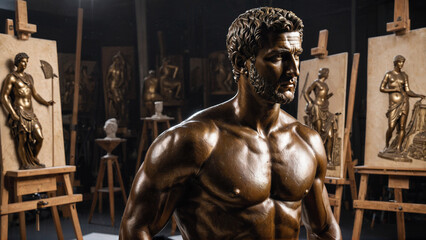 Naklejka premium Bronze Male Sculpture in Art Studio