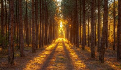 Golden sunbeams illuminate a path through a dense pine forest