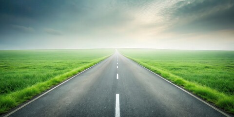 Asphalt Road Stretching Towards a Misty Horizon with Lush Green Fields on Either Side