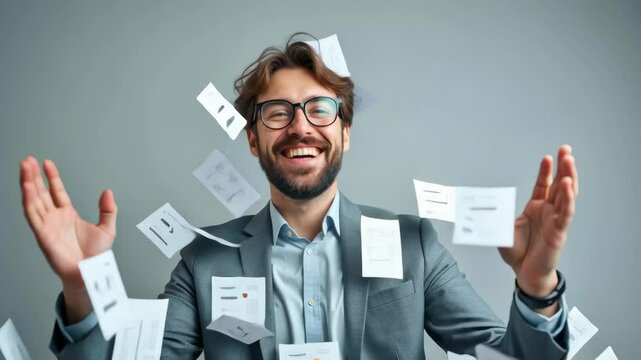 Joyful man celebrating business success throwing paper documents and document cards in air with joyful expression and glasses