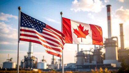 American and Canadian flags waving over a factory complex