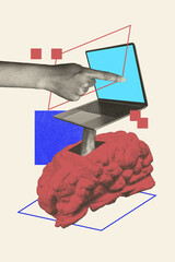 Trend composite sketch template photo collage of hand hold brain finger point laptop display...