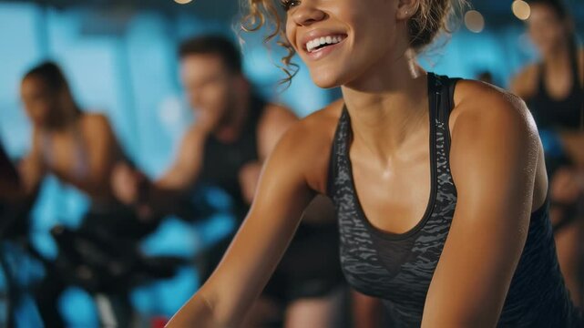 Engaging spin class scene with a charismatic woman leading the group exuding motivation and positivity as she demonstrates techniques promoting a spirited atmosphere in a modern welllit