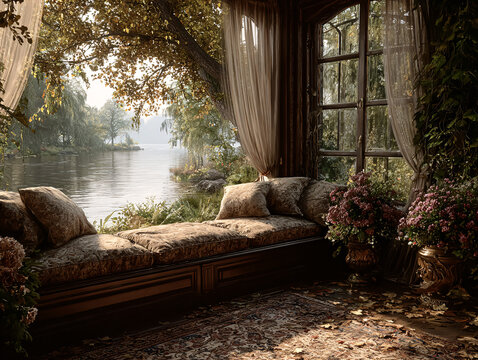 a cozy windowsill with a view of a serene lake surrounded by autumn foliage. The scene is filled with warm colors and a sense of tranquility, with cushions and a blanket  - Powered by Adobe