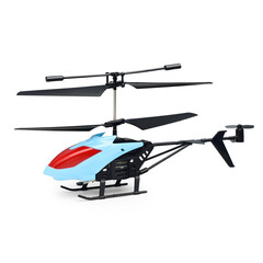 A toy blue RC helicopter on a white background.