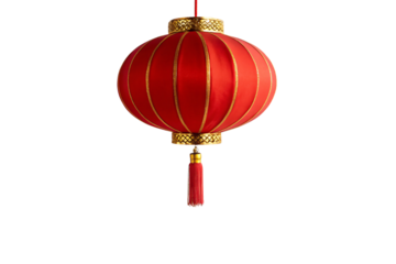 Authentic red Chinese festival lantern with golden decorative bands and traditional hanging red tassel, isolated on a transparent background
