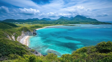 Tranquil coastal vista, azure bay, lush greenery