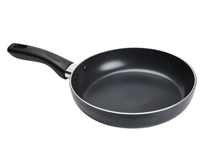 Black frying pan with handle on white background