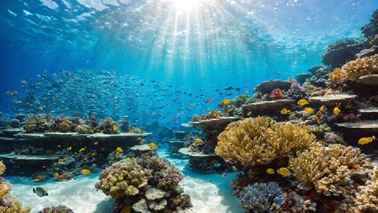 Breathtaking Underwater Coral Reef with Sunbeams