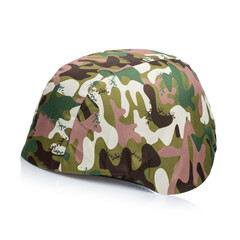 A khaki plastic military helmet toy on a white background. Children's camouflage helmet for war...