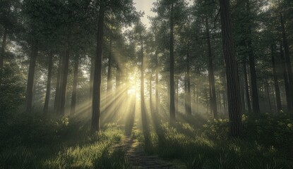 Sunlight streams through a misty forest (1)