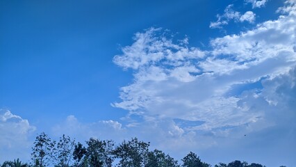 Vibrant blue sky with dynamic white clouds over a lush green tree line, perfect for nature and weather themes.