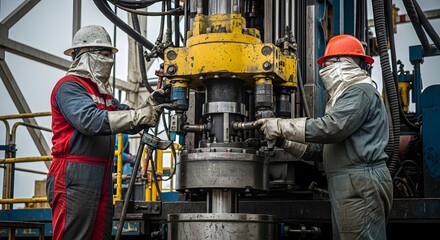 Oil rig workers in protective gear meticulously maintain drilling equipment.