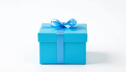 Obraz premium A small, square, blue gift box sits on a clean white background, empty box, ecommerce