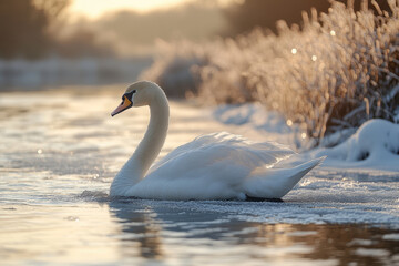 Obraz premium Frosty Reeds and a Swan in Winter Calm