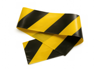Caution tape featuring diagonal yellow and black stripes, indicating restricted zone or potential hazard, positioned on transparent backdrop