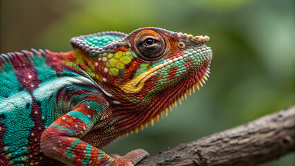 Fototapeta premium Green iguana lizard closeup with detailed scales and eye