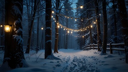 Enchanting winter forest path illuminated by warm string lights and lanterns