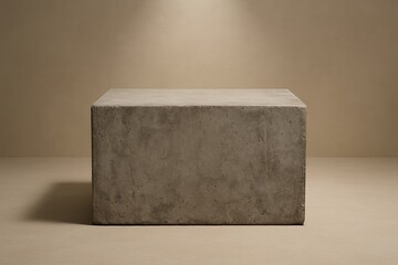 Minimalist concrete cube sits elegantly on a neutral surface against a serene beige background for a product presentation.
