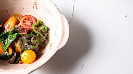 Beef, vegetable stir-fry in bowl, kitchen, white background, recipe