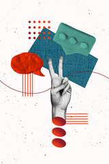 Trend artwork 3D photo collage design of letter think mind note balloon message symbol hand body...