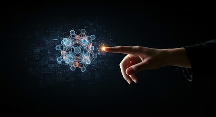 Finger touching an abstract atom structure with technological elements floating around on a dark background.