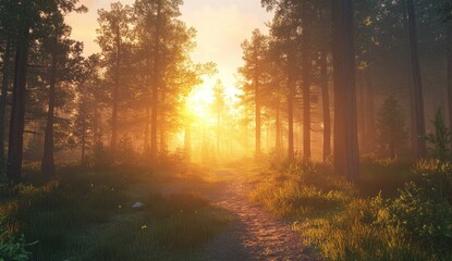 Obraz premium Golden sunlight filters through a misty forest path