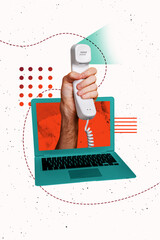 Composite sketch image design collage of hand hold landline phone call remote laptop display remote...