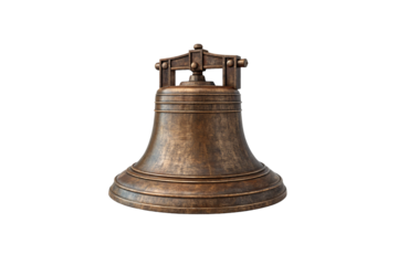 Vintage brass bell with decorative yoke, classical marine or ceremonial bell showing aged bronze metal surface, isolated on a transparent background