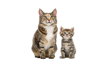 Adult tabby cat sitting beside small kitten, brown striped domestic cats with white markings posing together, isolated on a transparent background
