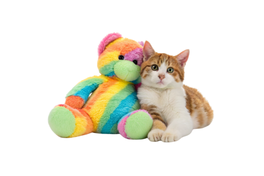 Orange tabby cat cuddling colorful rainbow teddy bear, playful feline with vibrant plush toy in affectionate pose, isolated on a transparent background