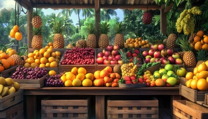 Tropical fruit stall under palm trees