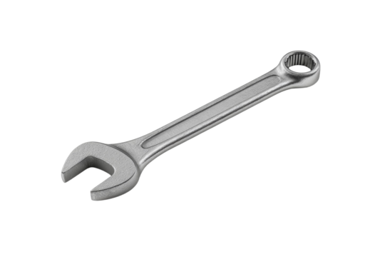 A silver wrench is shown on a white background