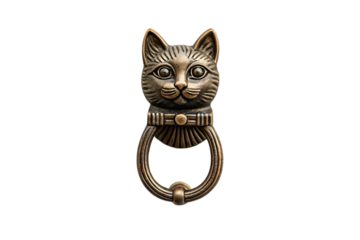 Antique style bronze cat face door knocker with collar and hanging ring in classical design, isolated on a transparent background