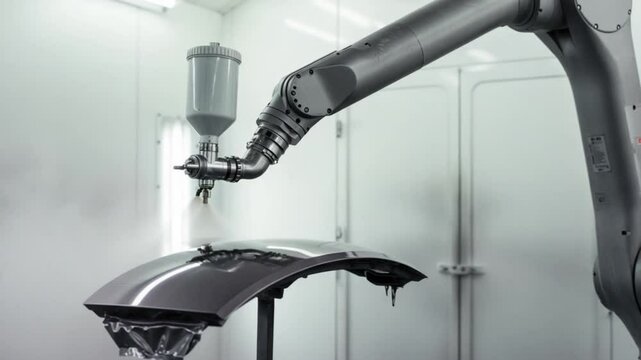 Automated car painting with robotic arm in a modern industrial manufacturing facility