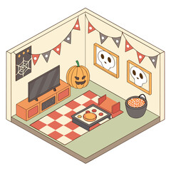 Cozy isometric living room decorated for halloween with a jack o lantern skull paintings spider web art festive bunting and a cauldron filled with candy