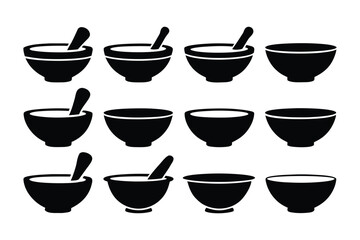 A collection of black and white icons featuring mortars and pestles alongside empty bowls in various arrangements