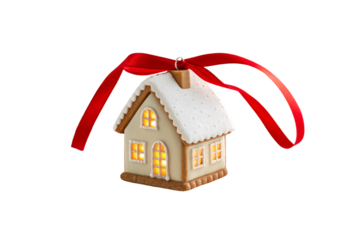 Charming miniature Christmas house ornament with glowing windows, snow-covered roof, and red ribbon hanger, isolated on a transparent background