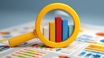 Yellow magnifier highlights colorful bar chart on financial data reports – ideal wallpaper, poster for business analysis, market research, showcasing data - driven insight, statistical detail