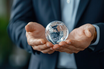 Businessman holding transparent glass globe in hands symbolizing global business and responsibility concept