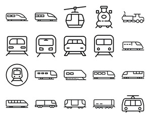 Train Line Art Collection Rail Transport Icons, Mono Line Style on White Background