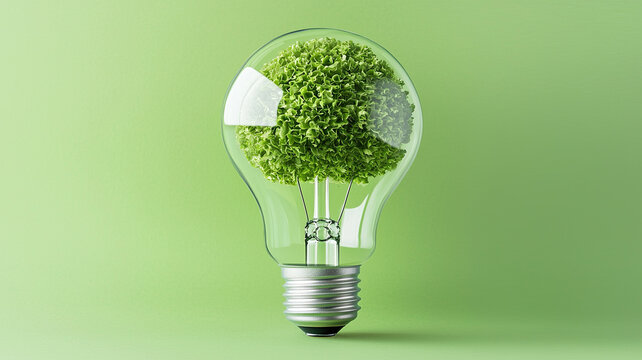 Green light bulb with tree inside symbolizes eco friendly energy and environmental sustainability concept on green background