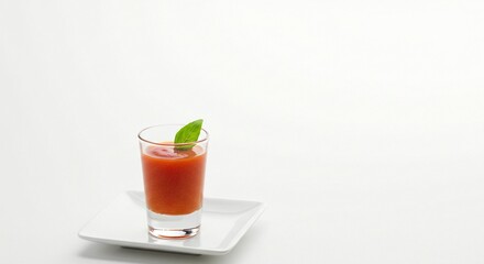Fototapeta premium Refreshing chilled tomato soup served in a shot glass garnished with a basil leaf on a white surface. Culinary presentation.