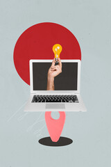 Sketch image 3d banner artwork collage of human hand peek laptop 5g network communication...
